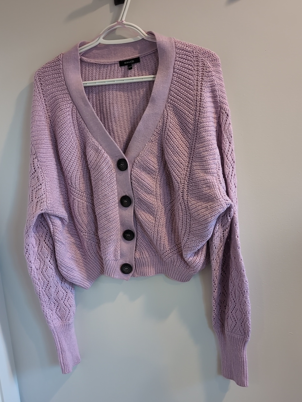 RW&CO. Cropped Oversize Lavender Cable Knit Button-Front Cardigan